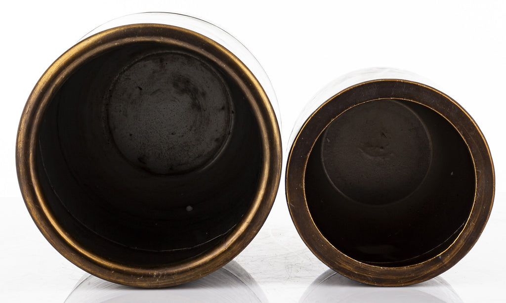 2 vnt. metalinių, bronzos spalvos vazonų rinkinys