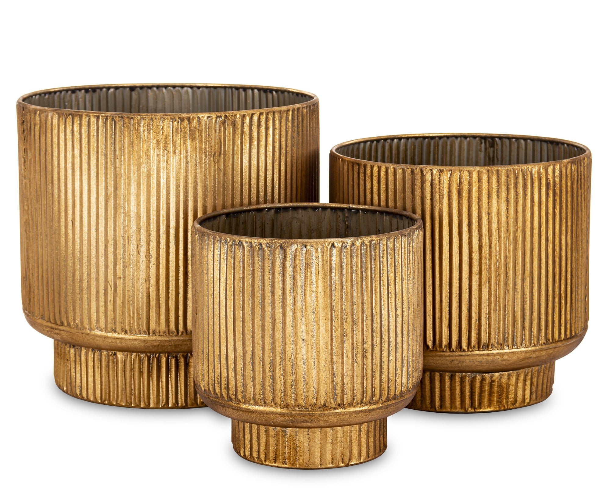 3 vnt. metalinių, aukso spalvos vazonų rinkinys