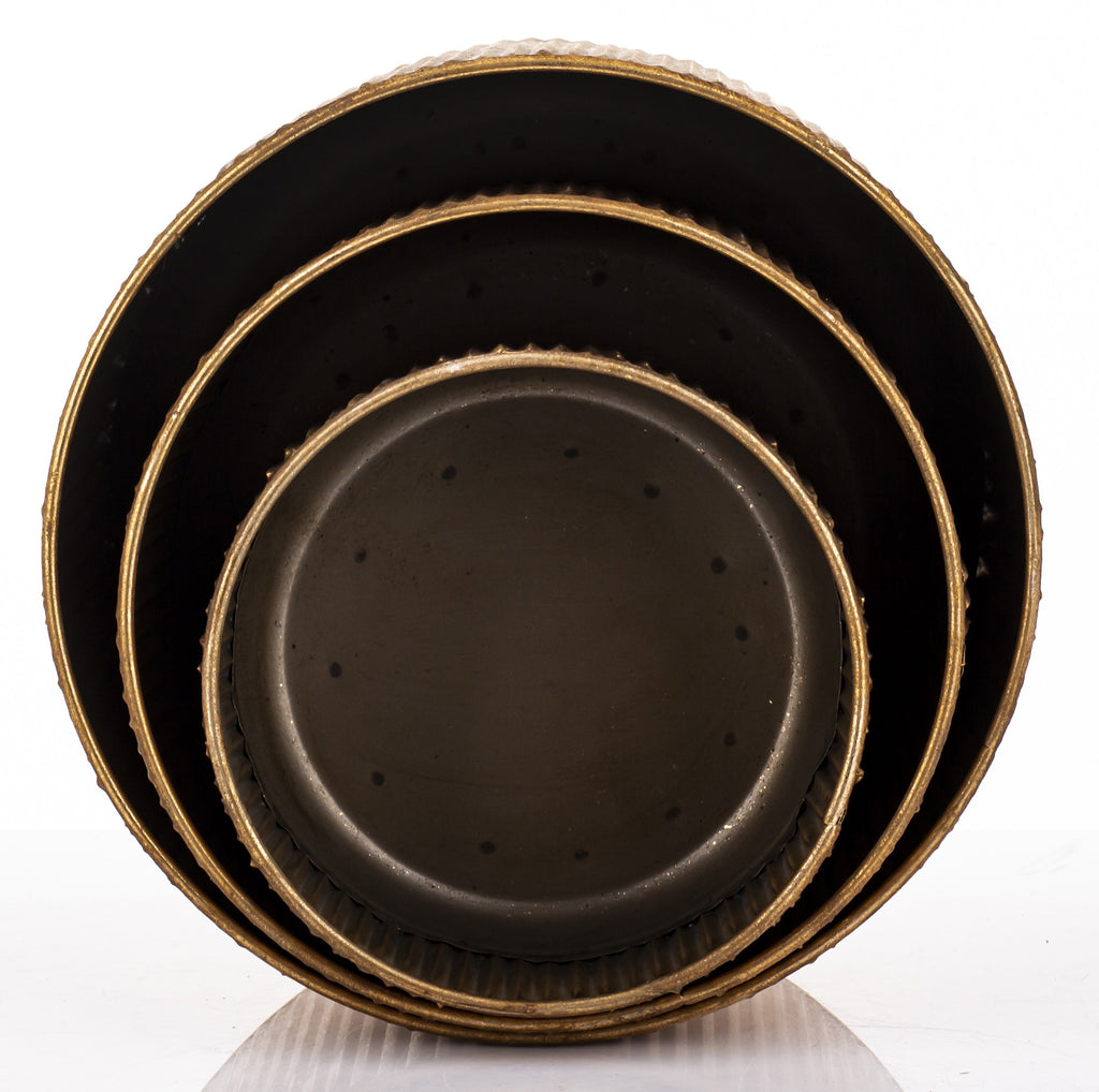 3 vnt. metalinių, aukso spalvos vazonų rinkinys