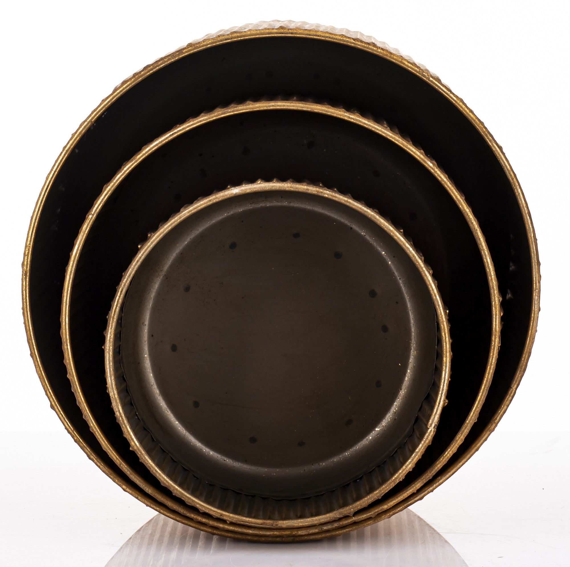 3 vnt. metalinių, aukso spalvos vazonų rinkinys