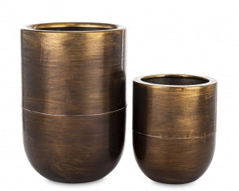 2 vnt. metalinių, bronzos spalvos vazonų rinkinys