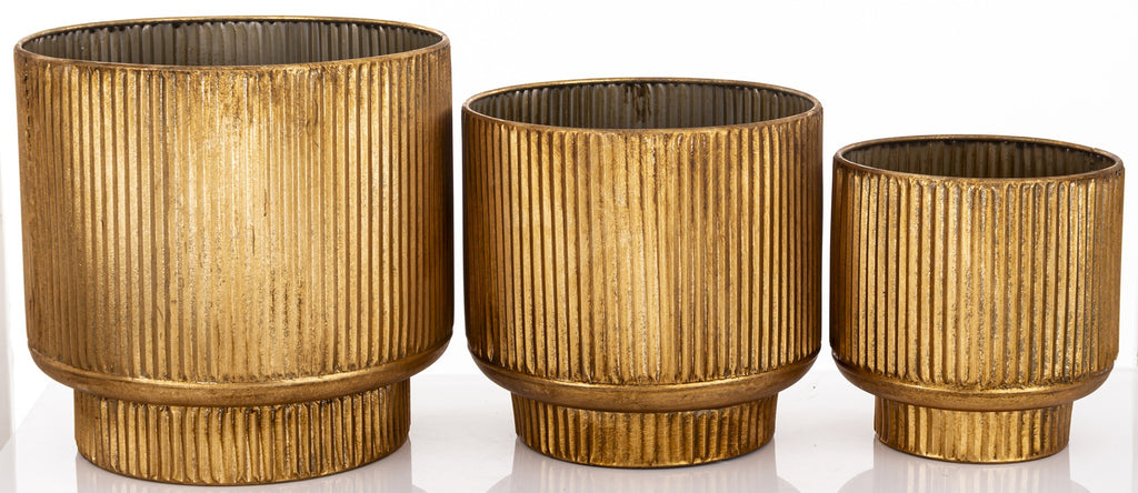 3 vnt. metalinių, aukso spalvos vazonų rinkinys