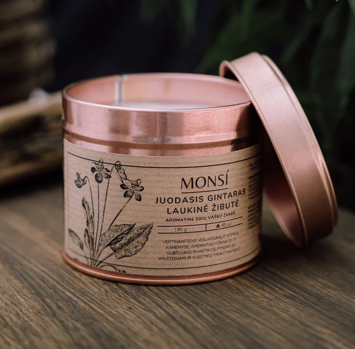 Aromatinė žvakė "Juodasis gintaras ir laukinė žibutė"