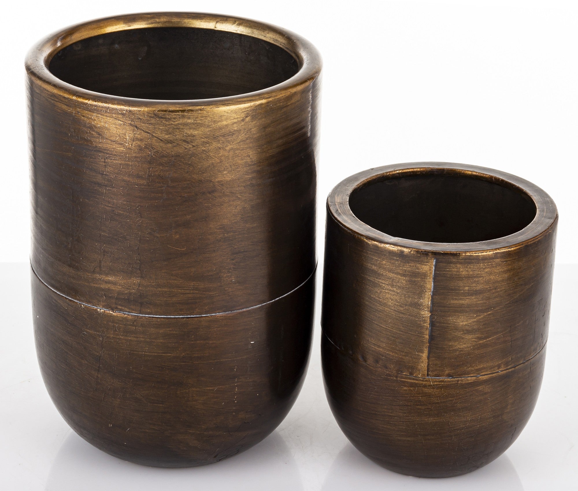 2 vnt. metalinių, bronzos spalvos vazonų rinkinys