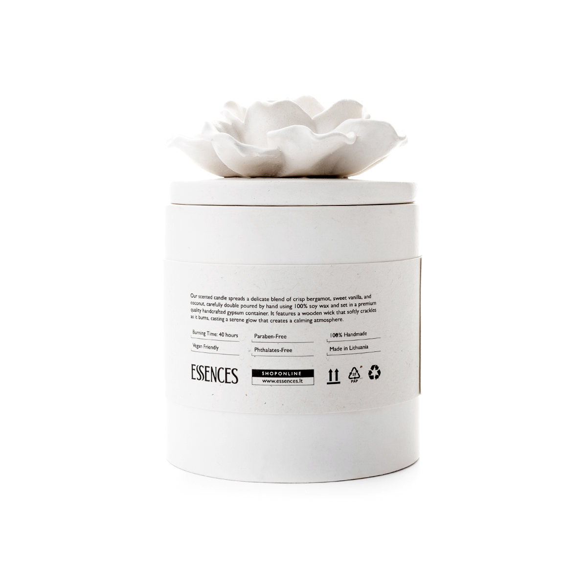 Sojų vaško žvakė Arcane su dekoracija, balta