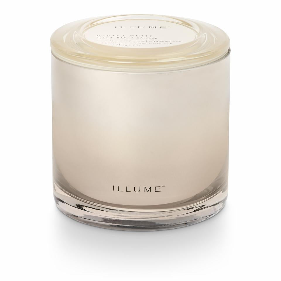 Išskirtinė stiklinė žvakė "Winter White", balta